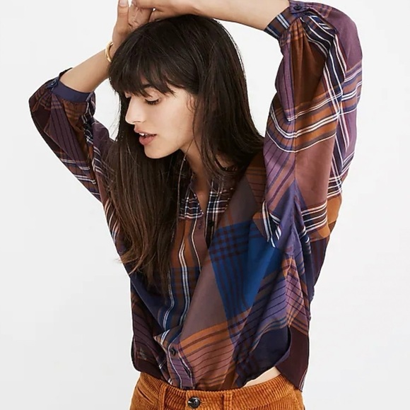 Madewell plaid crew neck button front dolman cut flannel shirt small - Picture 2 of 8